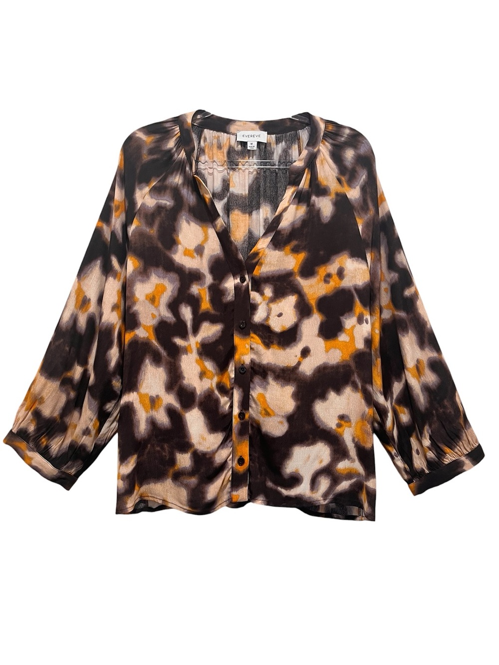 Evereve Brown Yellow Abstract Watercolor Print Boho Peasant 3/4 Sleeve Top Sz M
